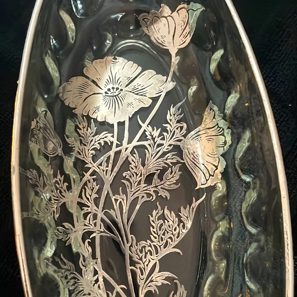 Sterling Overlay Flanders Poppy Pattern Glass Relish Tray; Silver City Cambridge